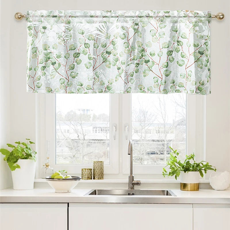 rideau moderne feuilles vertes fond blanc polyester translucide maison 80cm