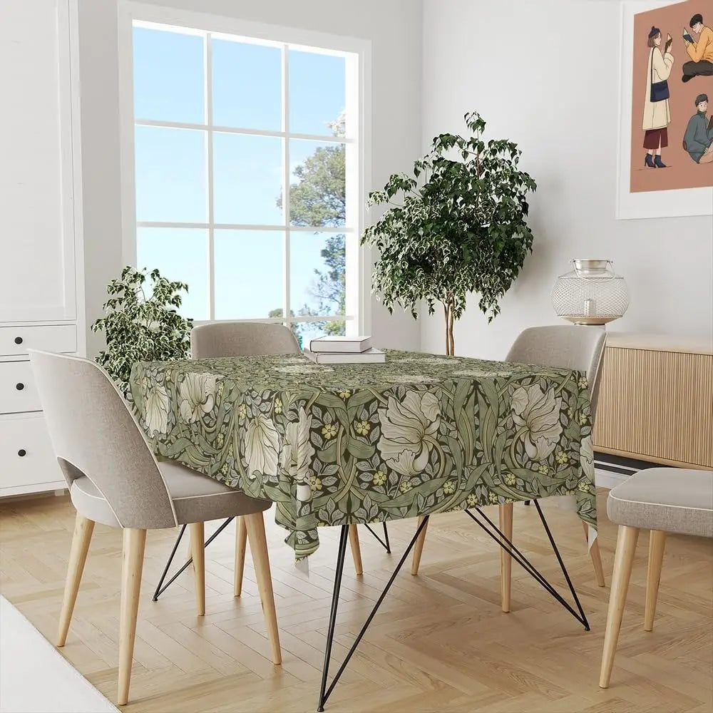 nappe fleurs stylisées art nouveau vert clair blanc rectangle polyester réutilisable table mangercoration festive