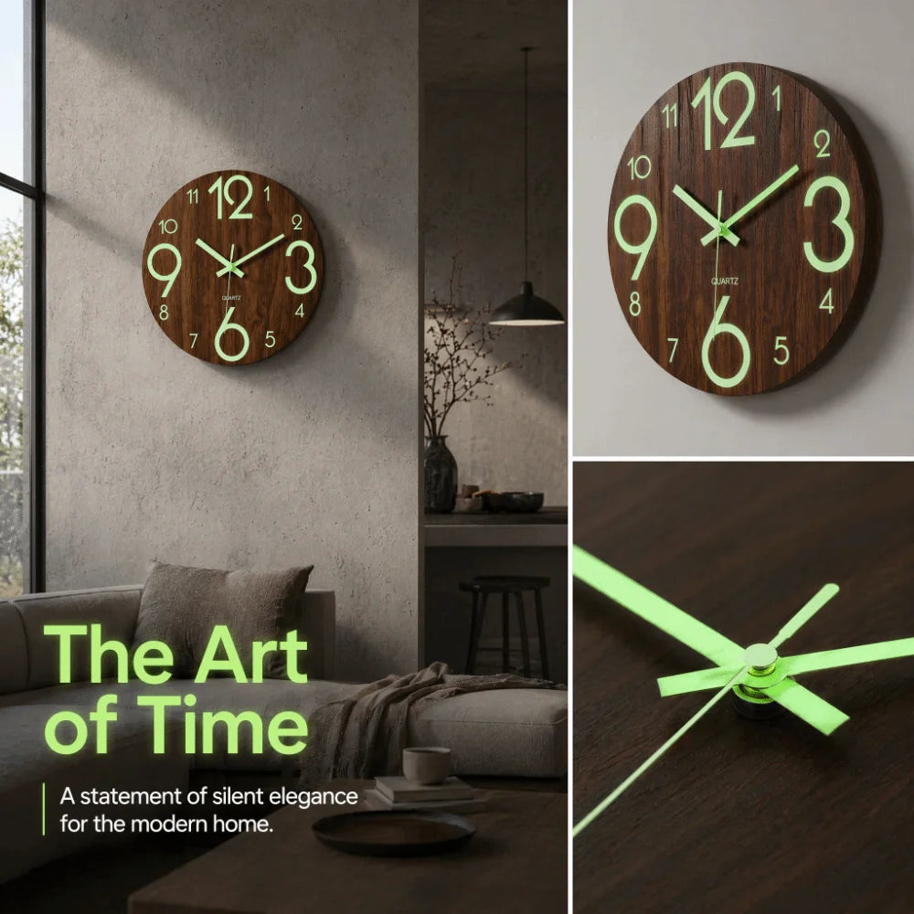 horloge murale moderne bois foncé chiffres blancs texture naturelle pouces facile lecture quartz salon