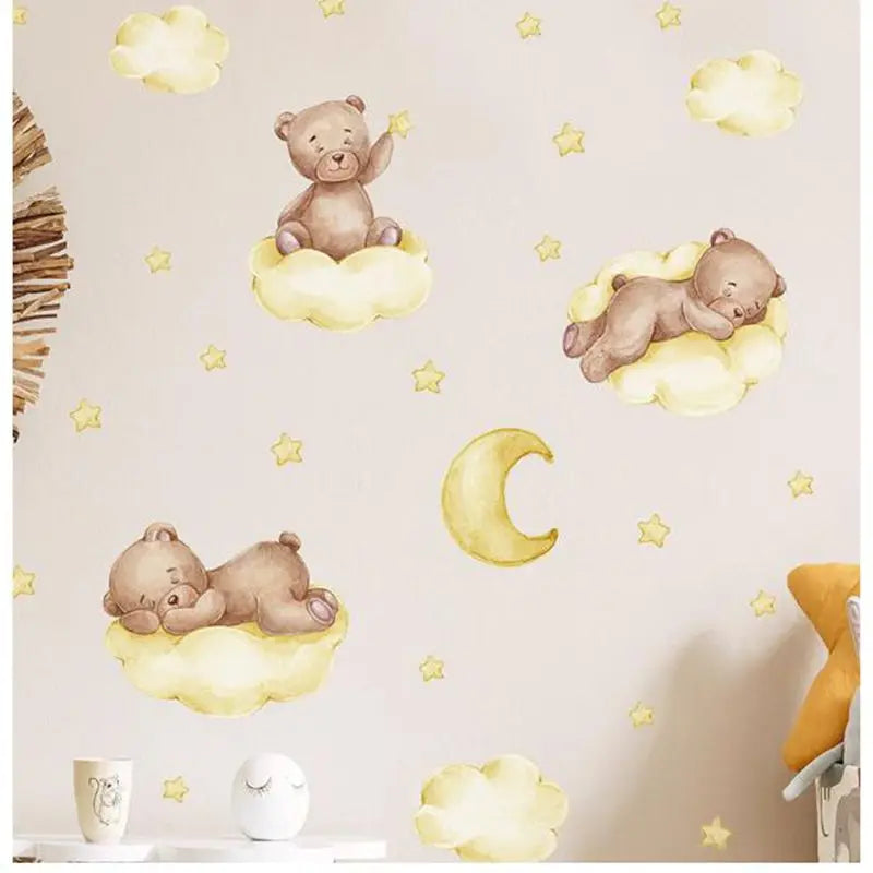 stickers muraux ours peluche rose bleu nuages bonne nuit décoration enfant illustration douce