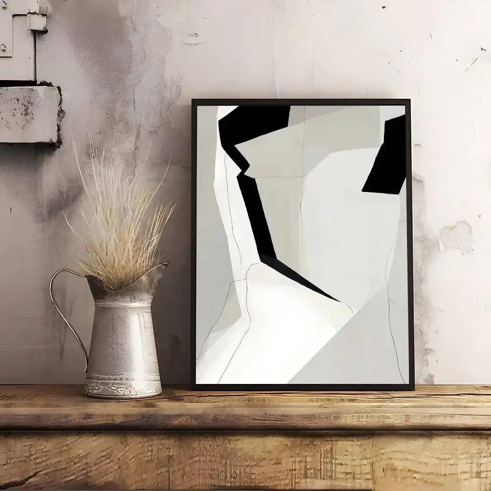 affiche art abstrait contemporain minimaliste noir blanc gris clair composition géométrique ligne simple courbe