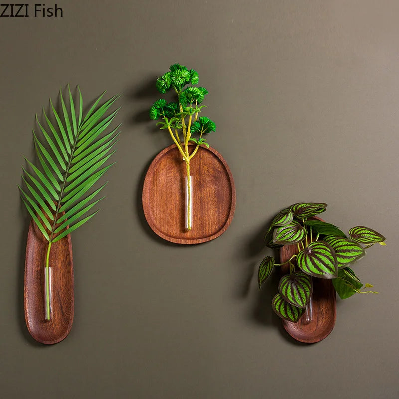 vase mural bois moderne suspension fleurs plantes décoration intérieure naturelle minimaliste transparent