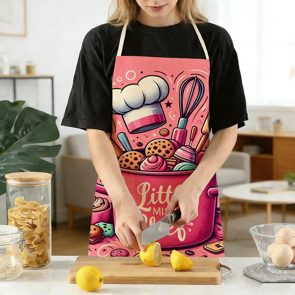 tablier cuisine rose illustration biscuits dessin animé cuillères chef élastiques durable protection lin