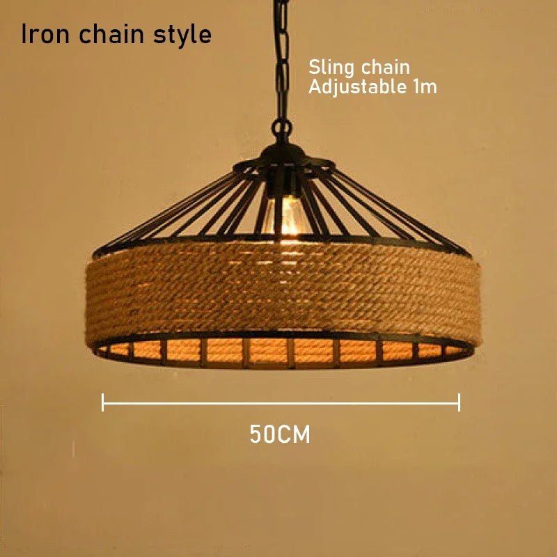 lampe suspendue industrielle corde naturelle marron clair métal structure ajustable salon chambre