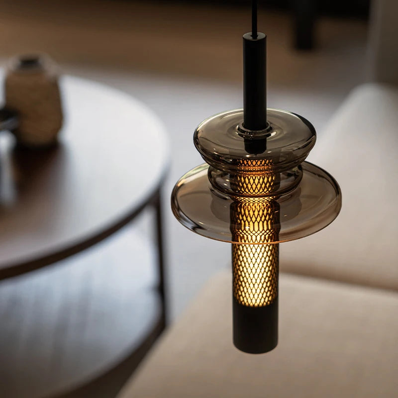 lampe suspendue moderne industrielle verre transparent noir doré maille dorée 2700k 5700k