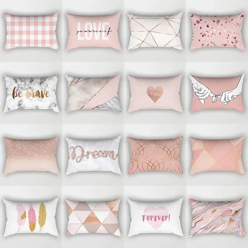 taie d'oreiller rectangulaire rose blanc doré motif géométrique moderne lit chambre décoration maison
