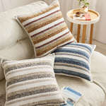 décoration intérieure coussin carré rayé moderne 100% polyester beige marron bleumarine blanc texture rugueuse