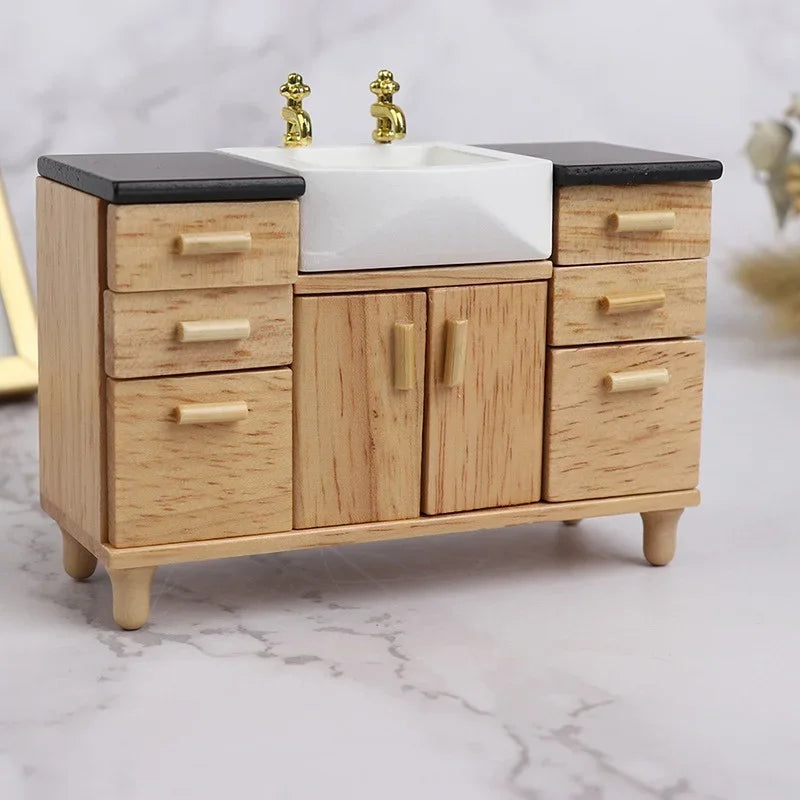 meuble salle bain miniature bois tiroirs porte évier blanc robinets dorés moderne