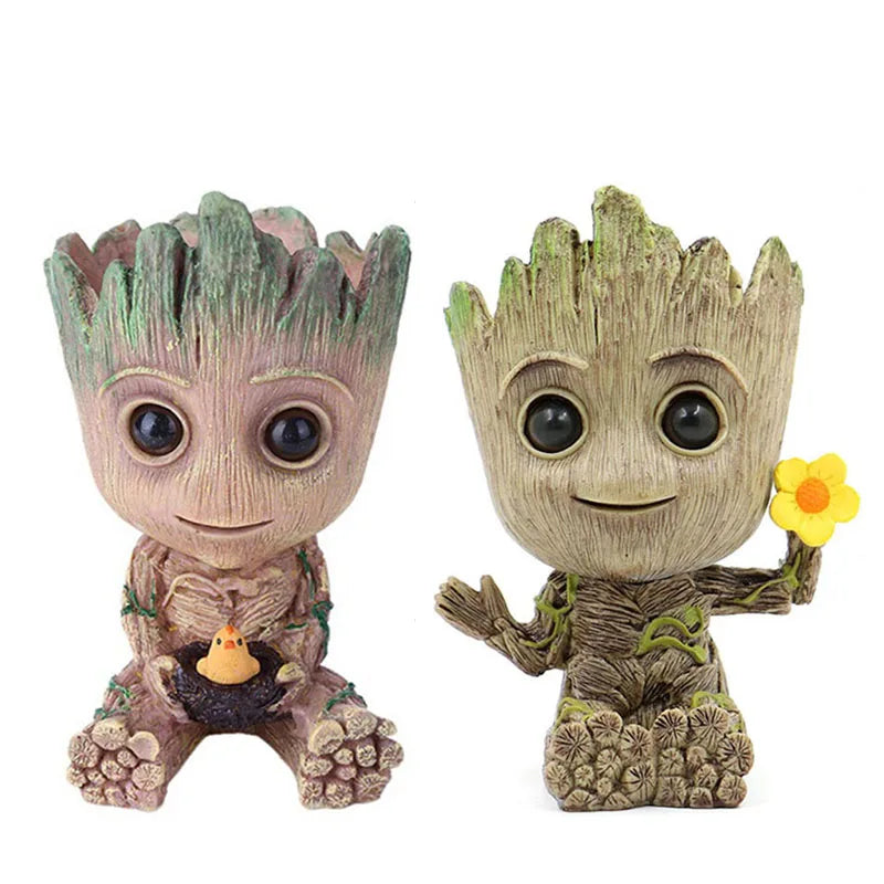 cache pot créatif marron vert texture bois personnage groot fleur intérieur décoration maison artisanat