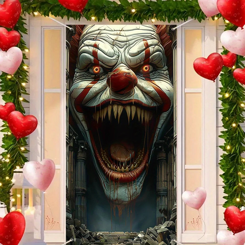 décoration halloween poster clown effrayant blanc rouge noir 90x180cm clips suspension cadre