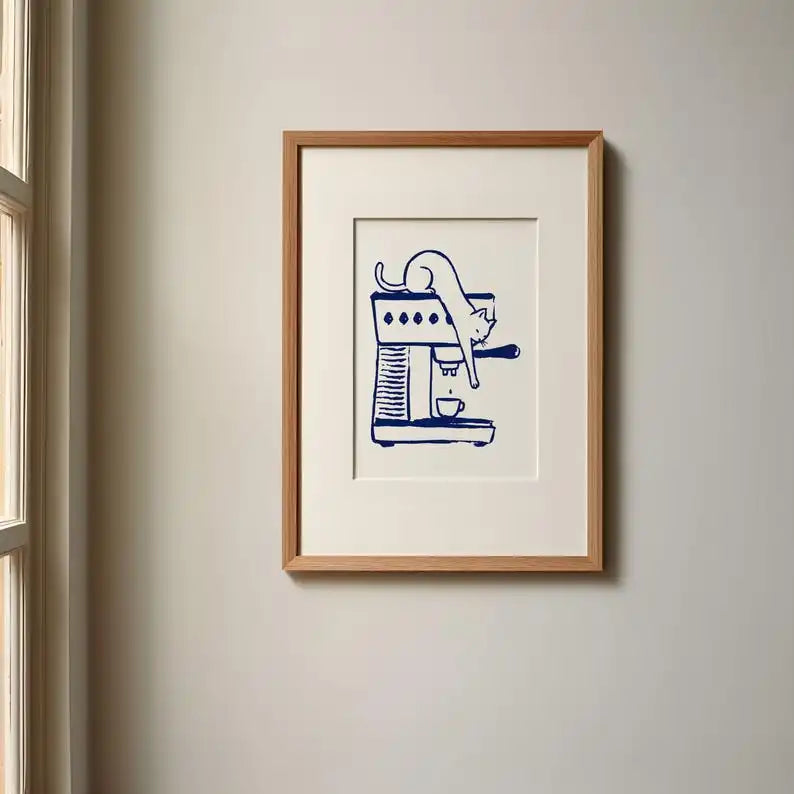 affiche imprimée chat illustration simple blanche bleue sans cadre décor maison