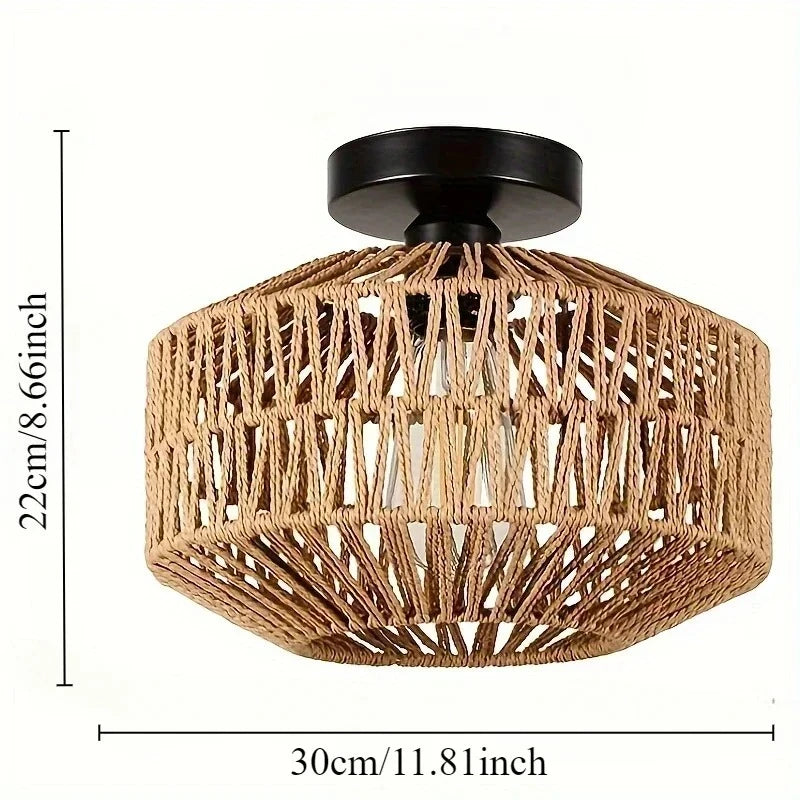 lampe moderne rustique tissage paille motif géométrique noir beige naturel fixée tringle