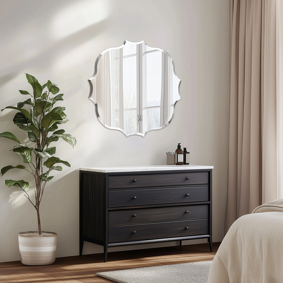 miroir moderne argenté bord dentelé sans cadre portable 80cm 80cm autonome