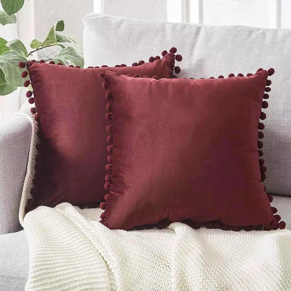 taies d'oreiller velours moderne gris jaune rose bleu blanc pompons non toxique polyester 45x45cm