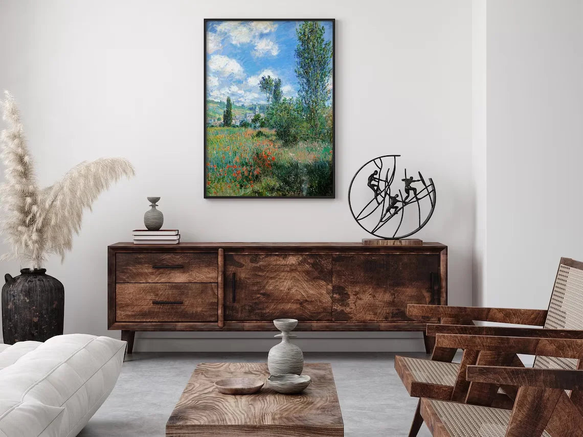 tableau impressionniste paysage champêtre arbres ciel nuageux fleurs coquelicot vert bleu blanc rouge brun