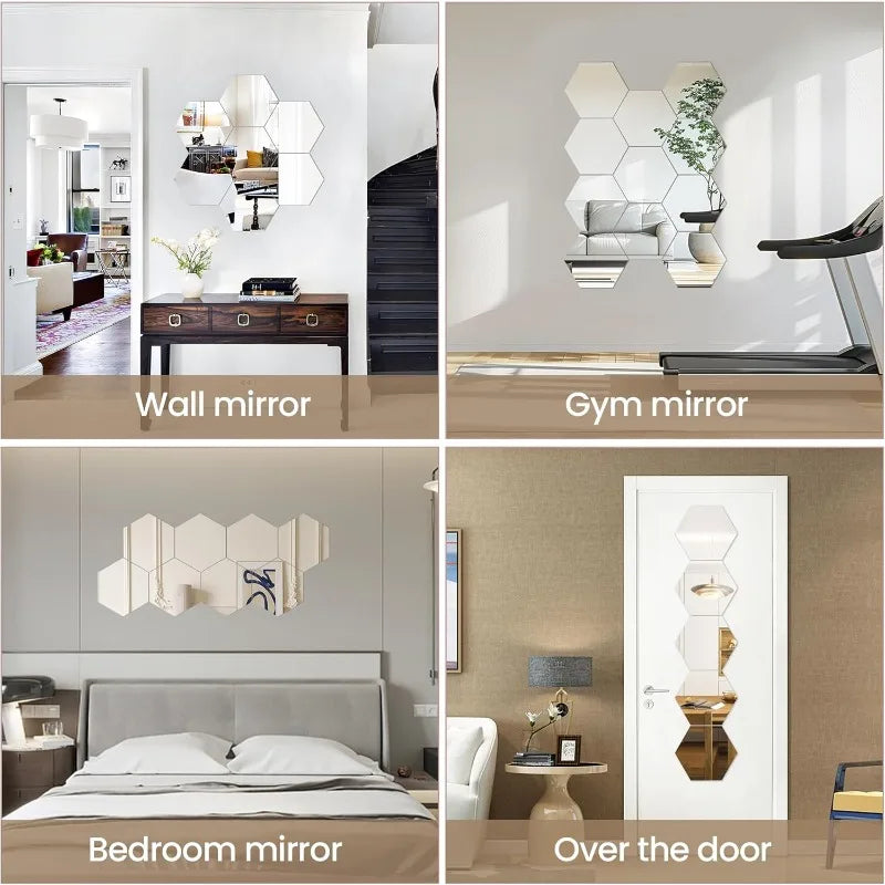 miroir hexagonal argenté adhésif moderne salle bain sport décoration porte 60 pièces