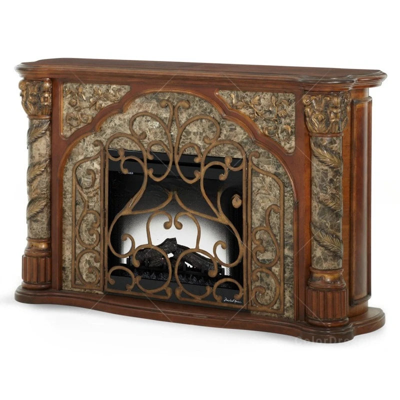 chaise électrique cheminée meuble classique décoration florale marbre bûches artificielles grille métal étagère