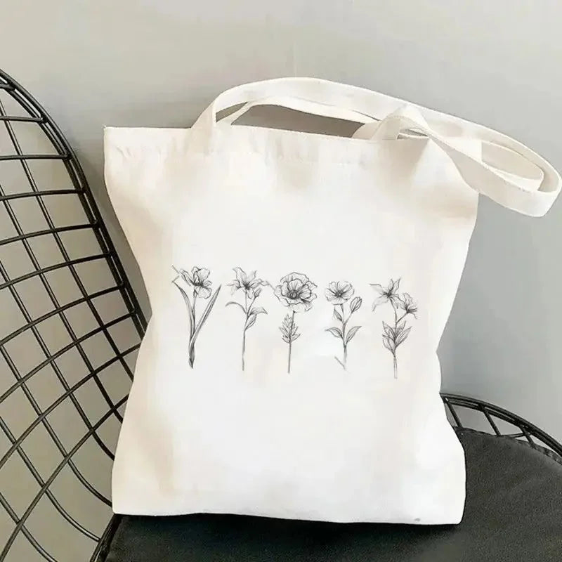 sac main toile imprimé floral blanc doux moderne poignées détachables poche ouverte sans compartiments
