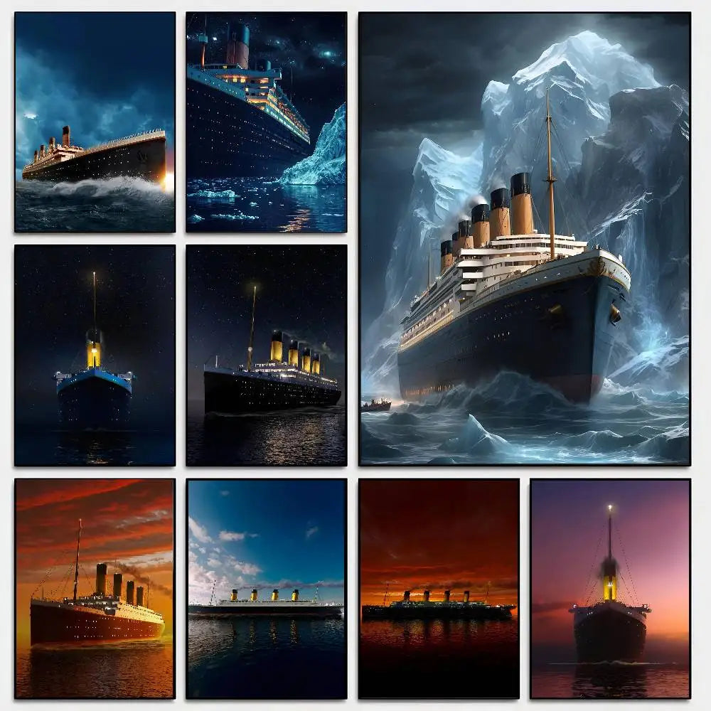 affiches murales titanic bleu noir blanc impressionnistes nuit lumière glace vague cadres