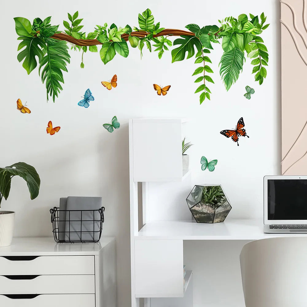 sticker mural papillons feuilles tropicales verte naturelle décoration salon salle bains moderne adhésif auto