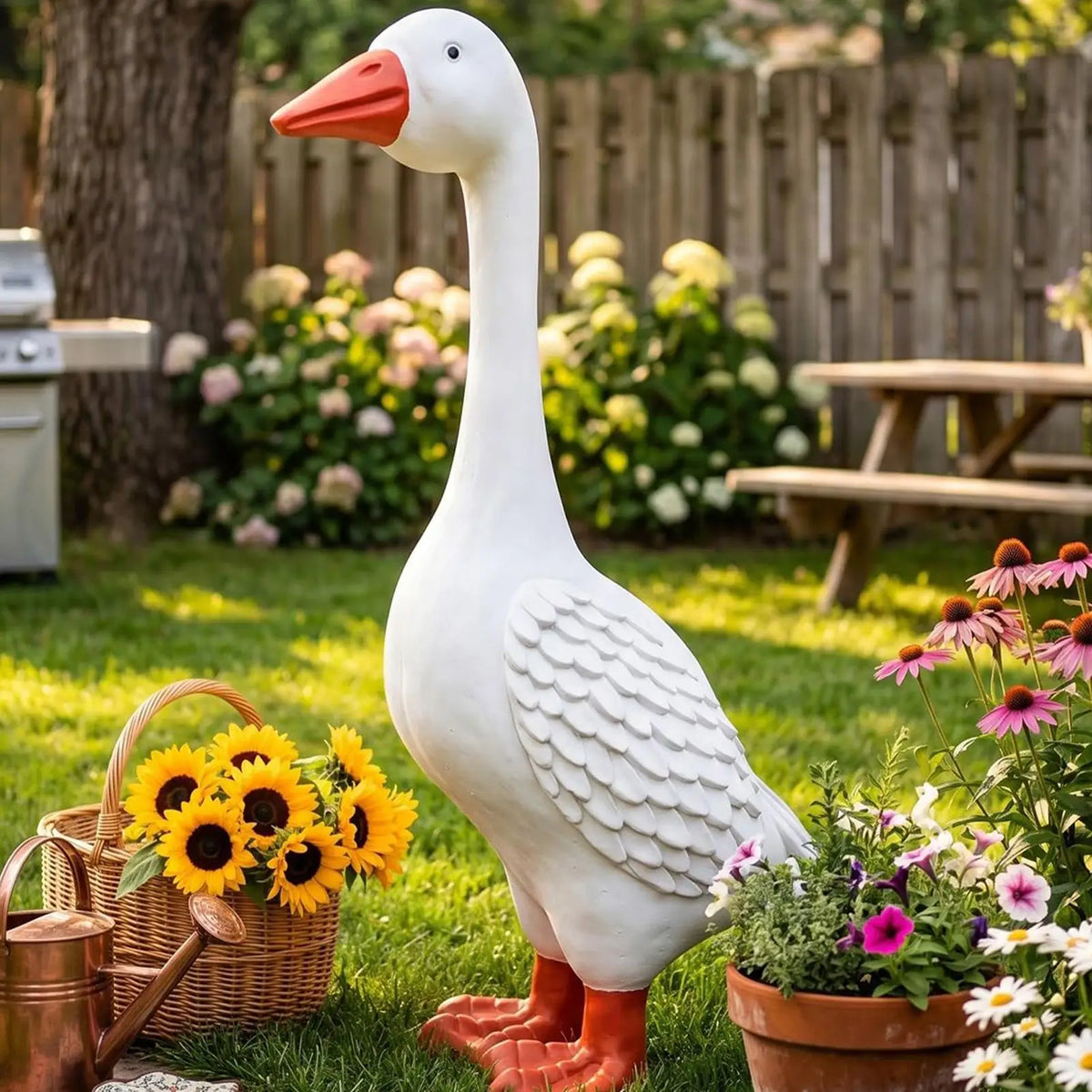 statue canard résine blanche plumes gravées décorative jardin rustiqueintérieur famille