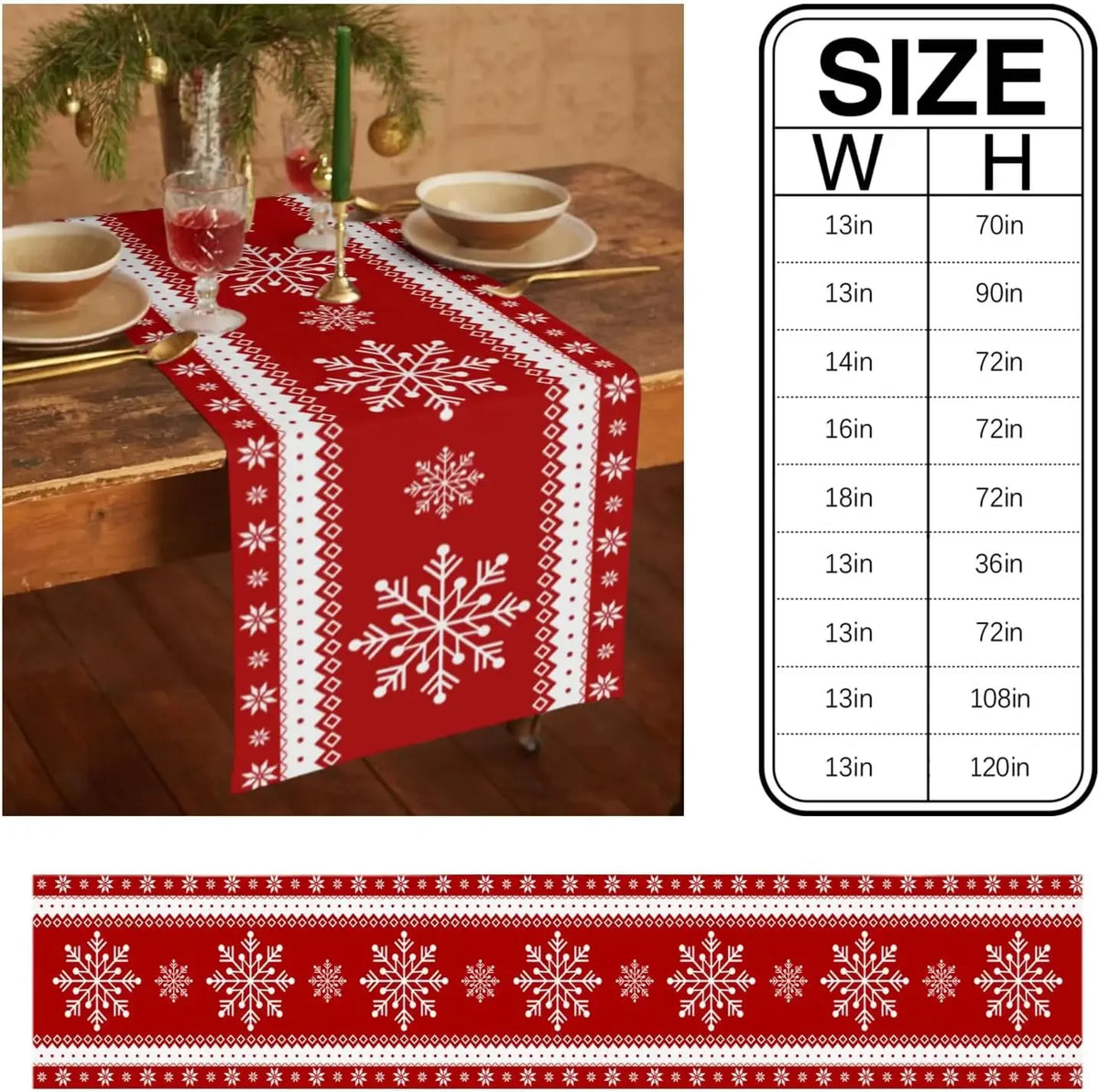 Chemin de table de Noël rouge et blanc avec des motifs géométriques et des flocons de neige, parfait pour une décoration de table festive et chaleureuse.