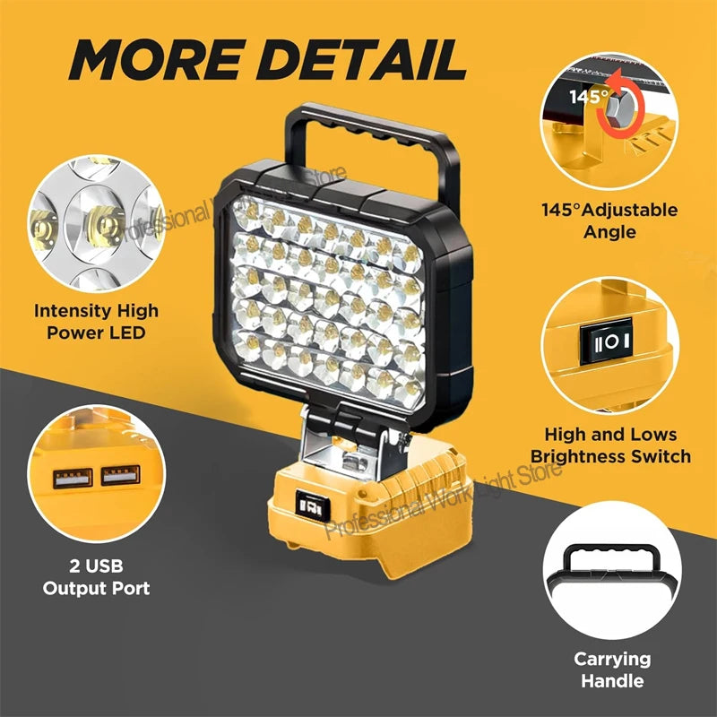 lampe travail led jaune moderne robuste interrupteur luminosité port usb poignée transport sans fil