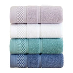 ensemble serviettes bain coton pur grande taille motif géométrique bleu gris violet blanc