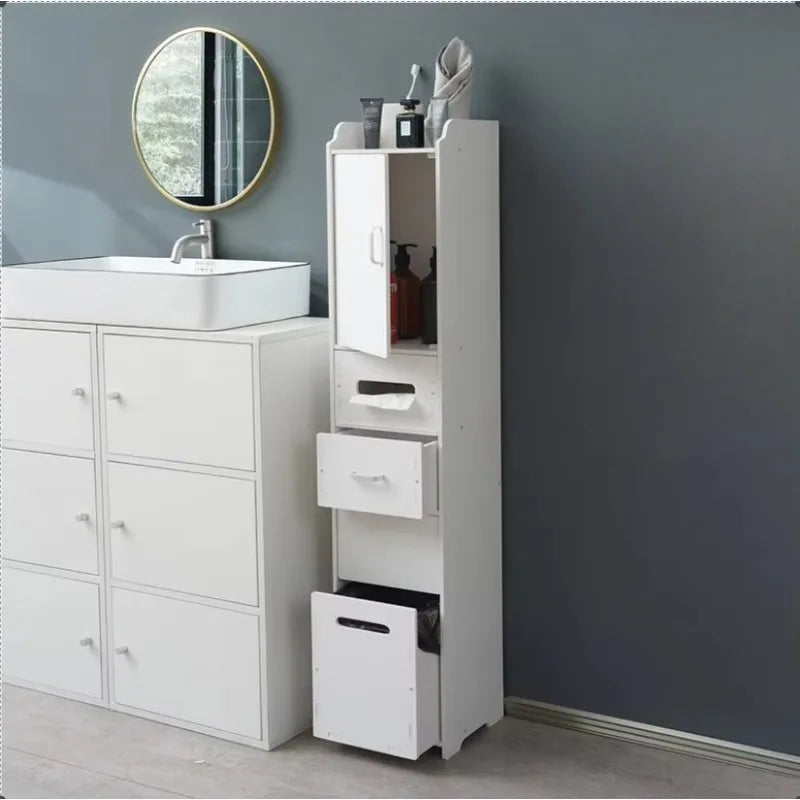 meuble rangement salle bain blanc moderne tiroir déchets étagères étroites