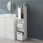meuble rangement salle bain blanc moderne tiroir déchets étagères étroites