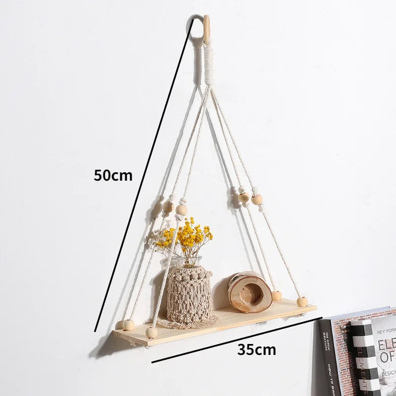 étagères suspendues macramé boho rustique étagères plantes vase céramique cadre photo coussin franges