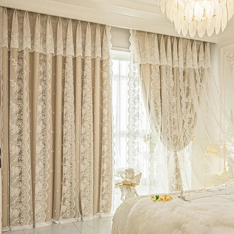 rideau occultant beige broderie florale dentelle élégant classique salon chambre