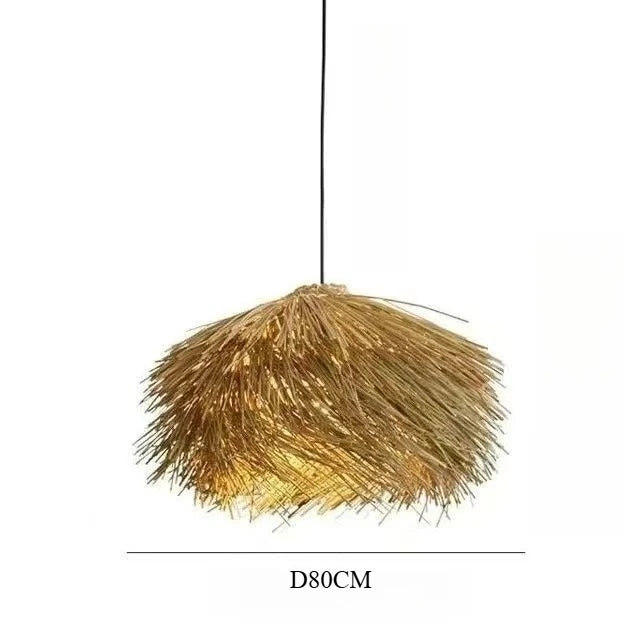 suspension paille marron clair texture naturelle moderne rustique chaîne métallique lumière neutre chambre salon
