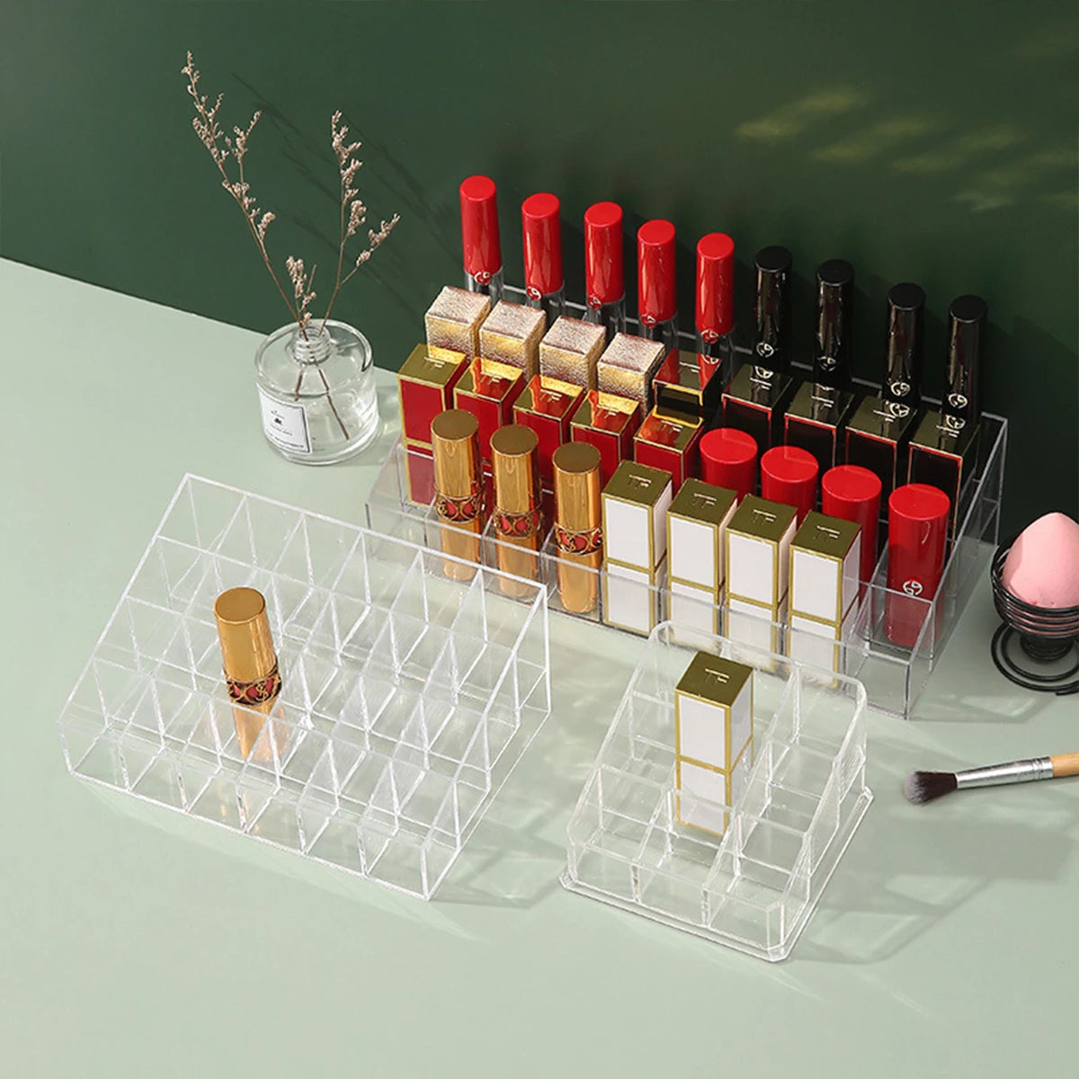 présentoir transparent moderne 24 grilles petites grandes 36 40 rouges lèvres acrylique minimaliste rechargeable