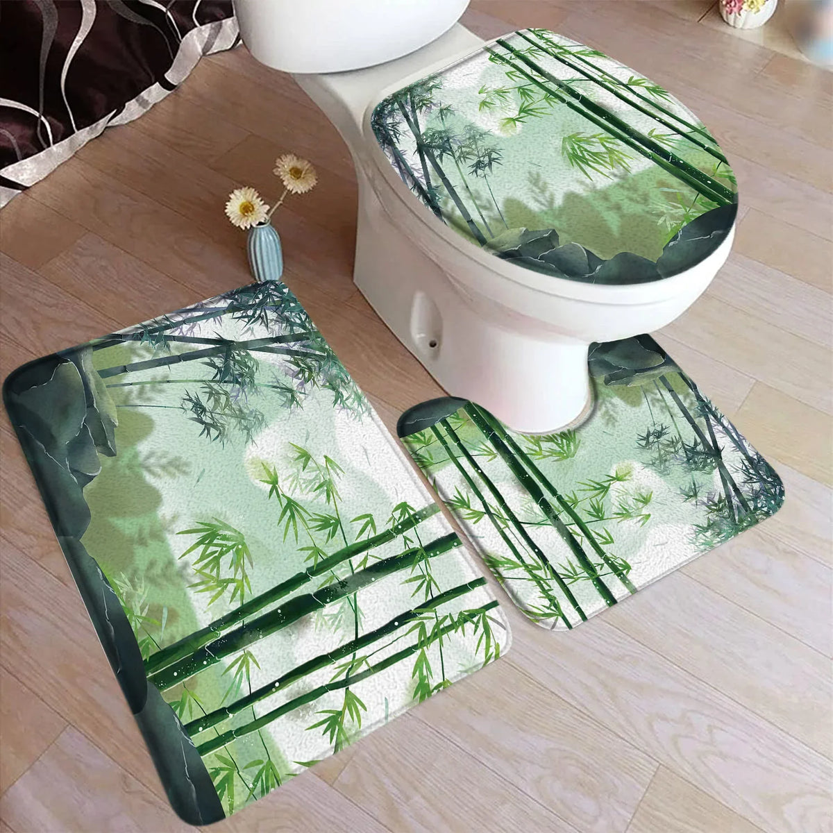 tapis toilette moderne vert feuilles bambou motifs floraux respectueux environnement adhésif salle bain