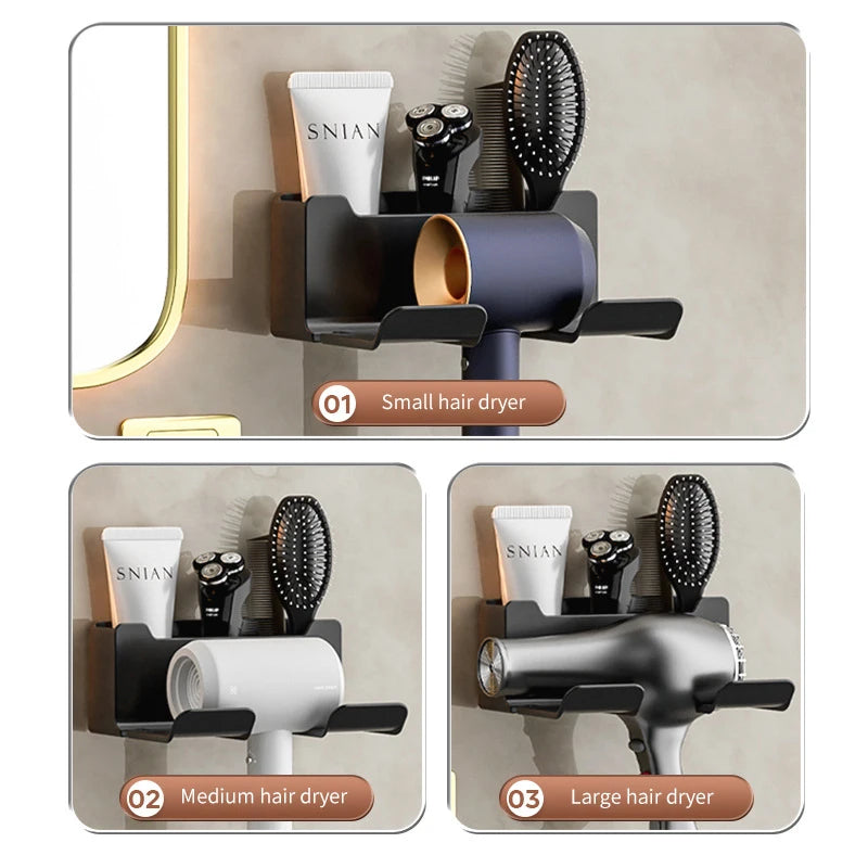 support mural moderne séchoir cheveux brosse crème rasoir fixé adhésif noir beige opaque