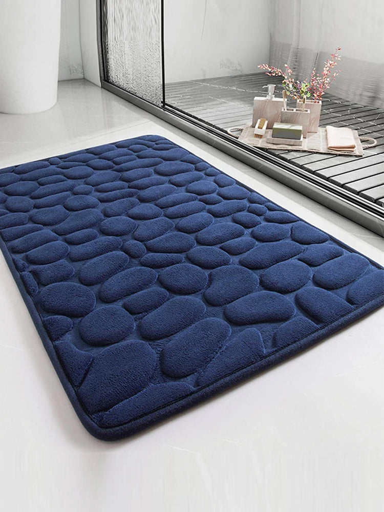 tapis bain moderne marron noir bordeaux bleu clair texture galets polyester antidérapant absorbant