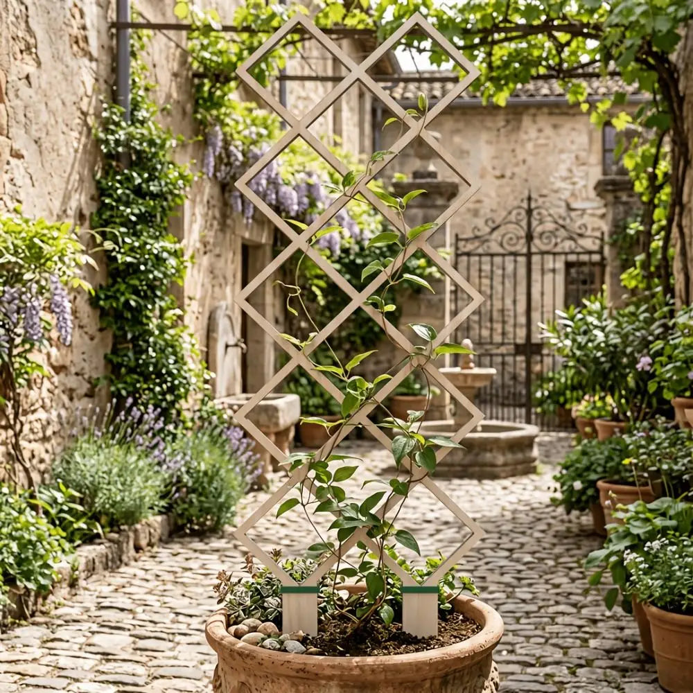 treillis bois moderne géométrique carrés imbriqués opaque beige clair pot fleurs jardin fixe