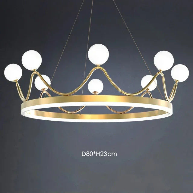 lampe suspendue moderne or blanc boules verre anneau central lumineux chaînes fixations