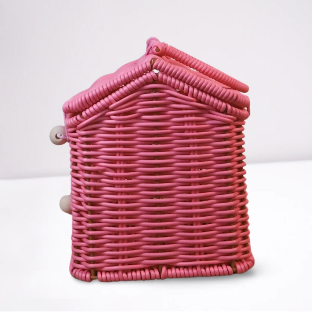 panier rangement osier motif maison fenêtres porte vintage bleu vert rose marron beige poignée