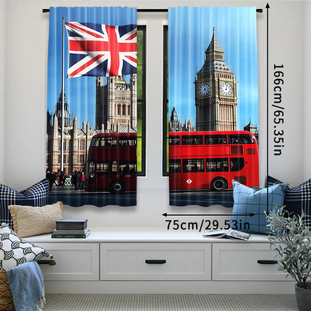 rideau polyester opaque moderne paysage big ben drapeau britannique bus double étage bleu blanc
