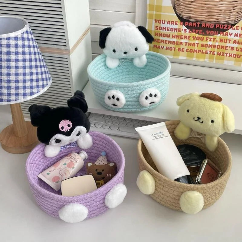panier rangement corde tressée violet bleu clair beige rose peluches cosmétiques modernes