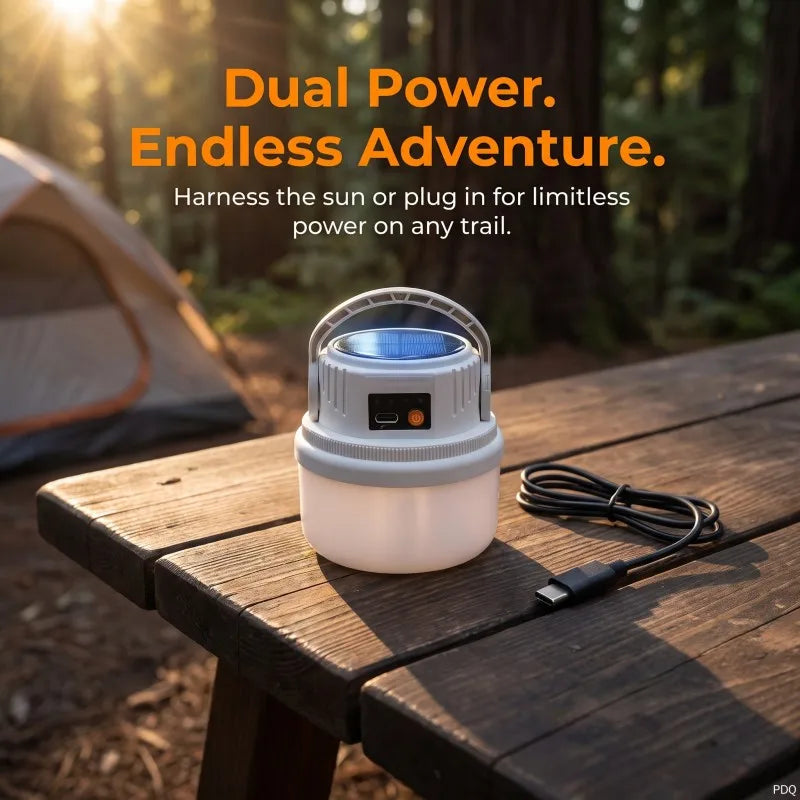 lampe solaire camping led rechargeable type étanche modes ambiance extérieure moderne.functional
