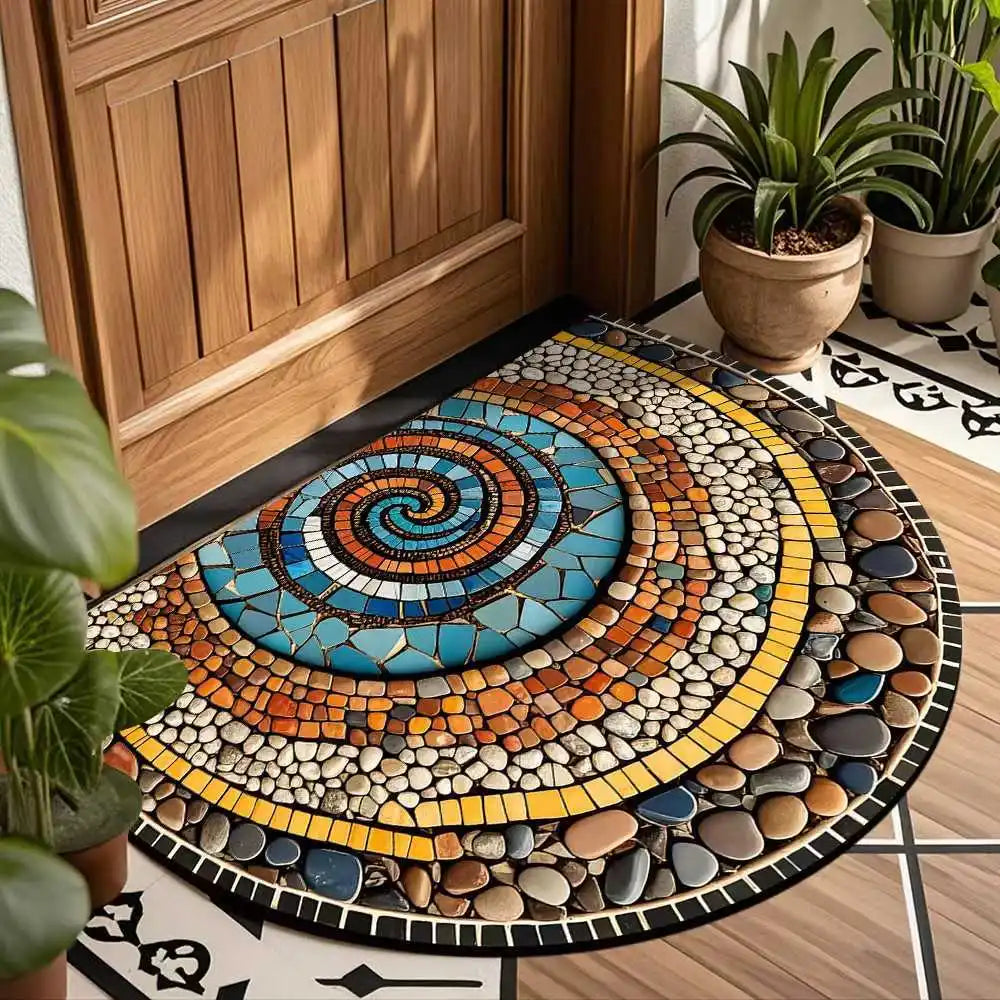 tapis d'entrée moderne bleu orange marron spirale antidérapant facile entretenir intérieur extérieur