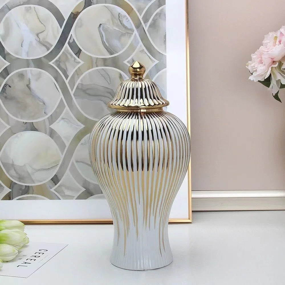 vase blanc doré rayures verticales moderne élégant couvercle décoration maison