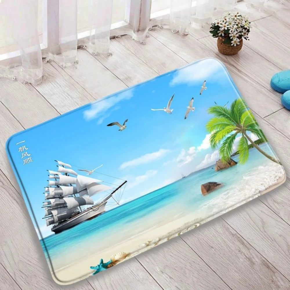 tapis sol décoratif paysage plage océan moderne antidérapant intérieur extérieur bleu 40x60 cm