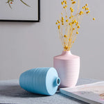 Deux vases en céramique de couleurs pastel, l'un rose pâle et l'autre bleu ciel, contiennent des fleurs jaunes séchées disposées avec élégance sur un tapis gris.