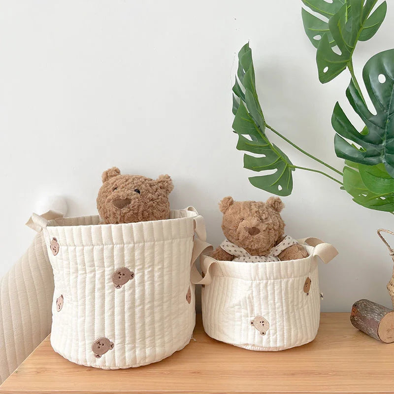 panier rangement coton brodé animaux blanc poignées amovibles respectueux environnement moderne doux
