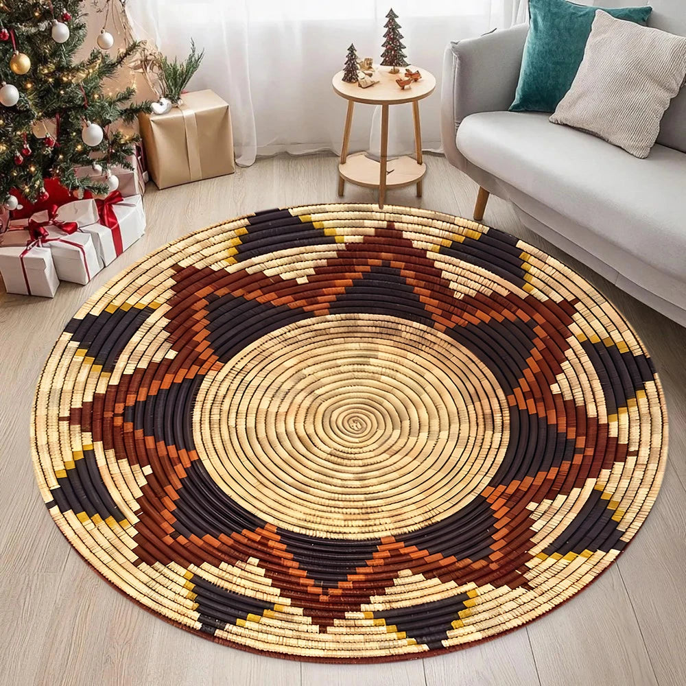 tapis rond moderne motifs géométriques marron beige noir orange bleu polypropylène anti dérapant durableextérieur