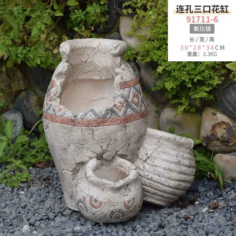 pots fleurs vintage gris motifs géométriques rustiques plantes artificielles cour jardin decoration